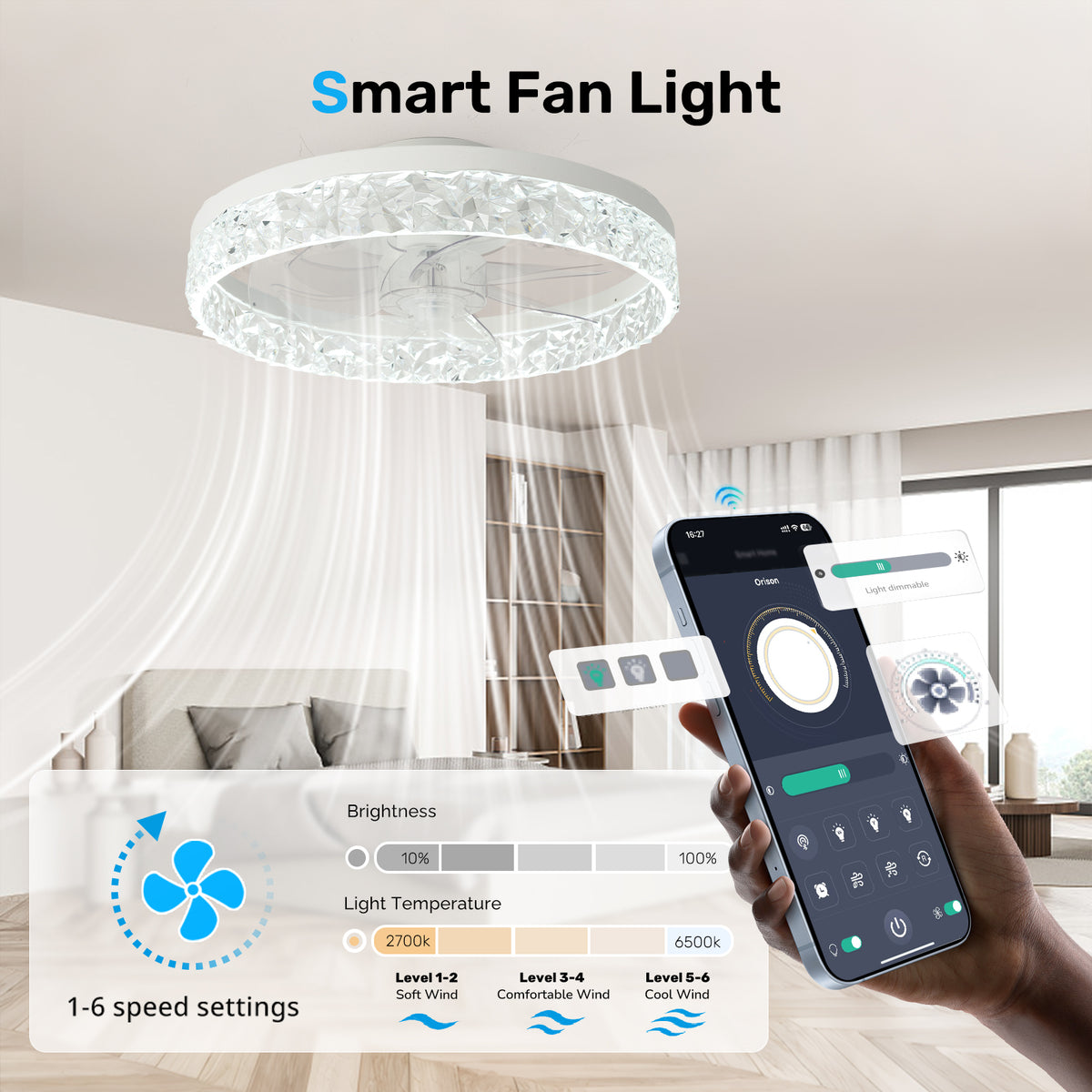 16" Orison Low Profile Ceiling Fan with Dimmable Light, Remote/App Control