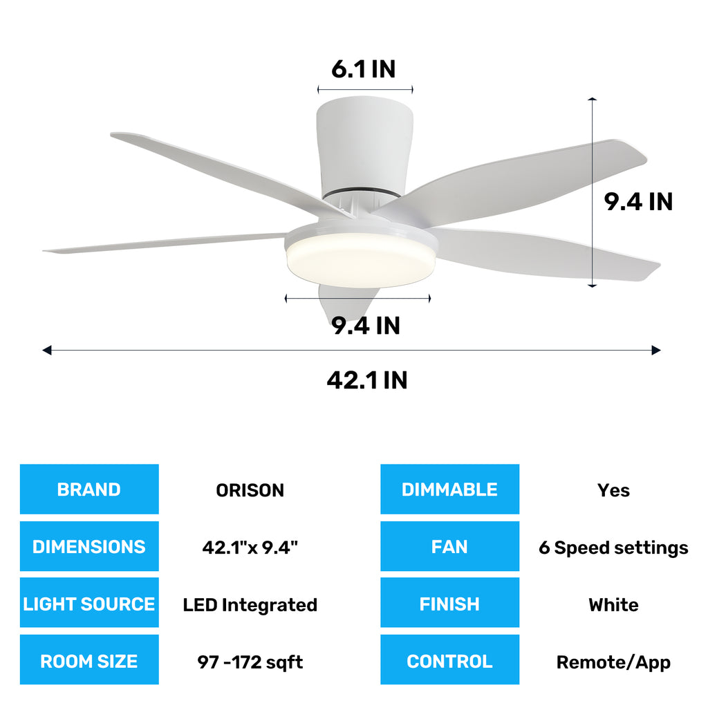 42" Orison Ceiling Fan with Light, Dimmable LED Lighting, Remote/APP Control