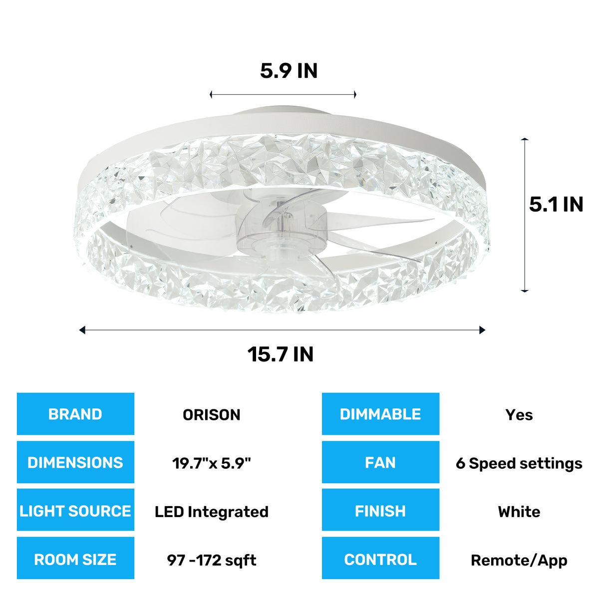16" Orison Low Profile Ceiling Fan with Dimmable Light, Remote/App Control